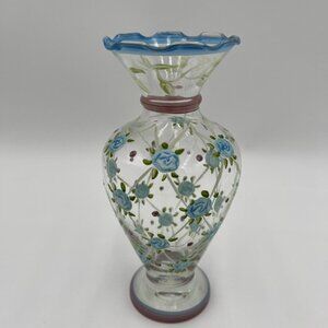 Tracy Porter Hand Painted Glass Vase blue flowers ruffle rim